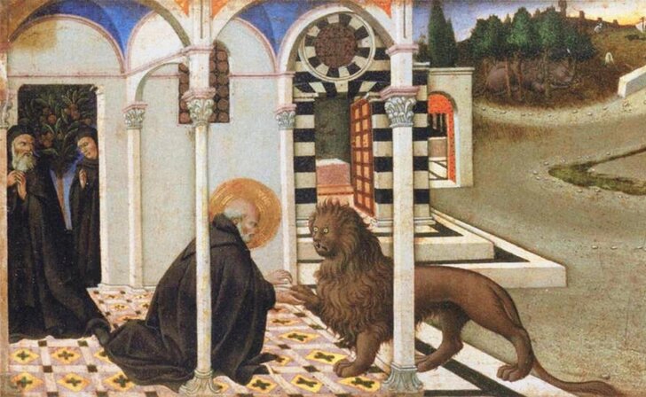 Сано ди Пьетро, "История святого Иеронима и льва" (фрагмент), 1444 г.