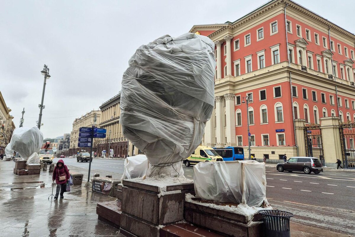Высаженные на Тверской улице деревья укрыли от снега и морозов, что поможет им выжить в ближайшую неделю. Денис Воронин / Агентство "Москва"
