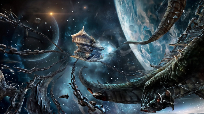 Драконы, влекущие загадочный саркофаг, на орбите Земли (скриншот с экрана)