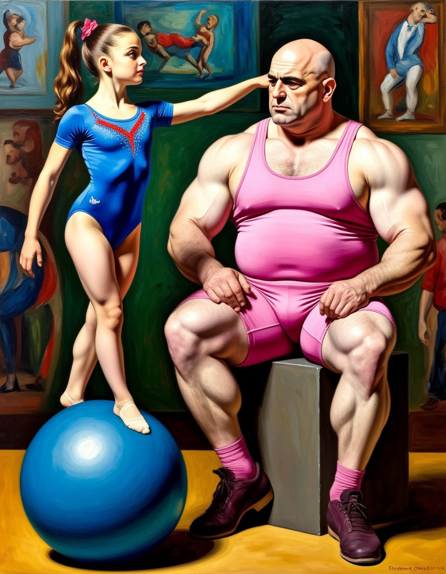 Гимнастка на шаре и сидящий борец