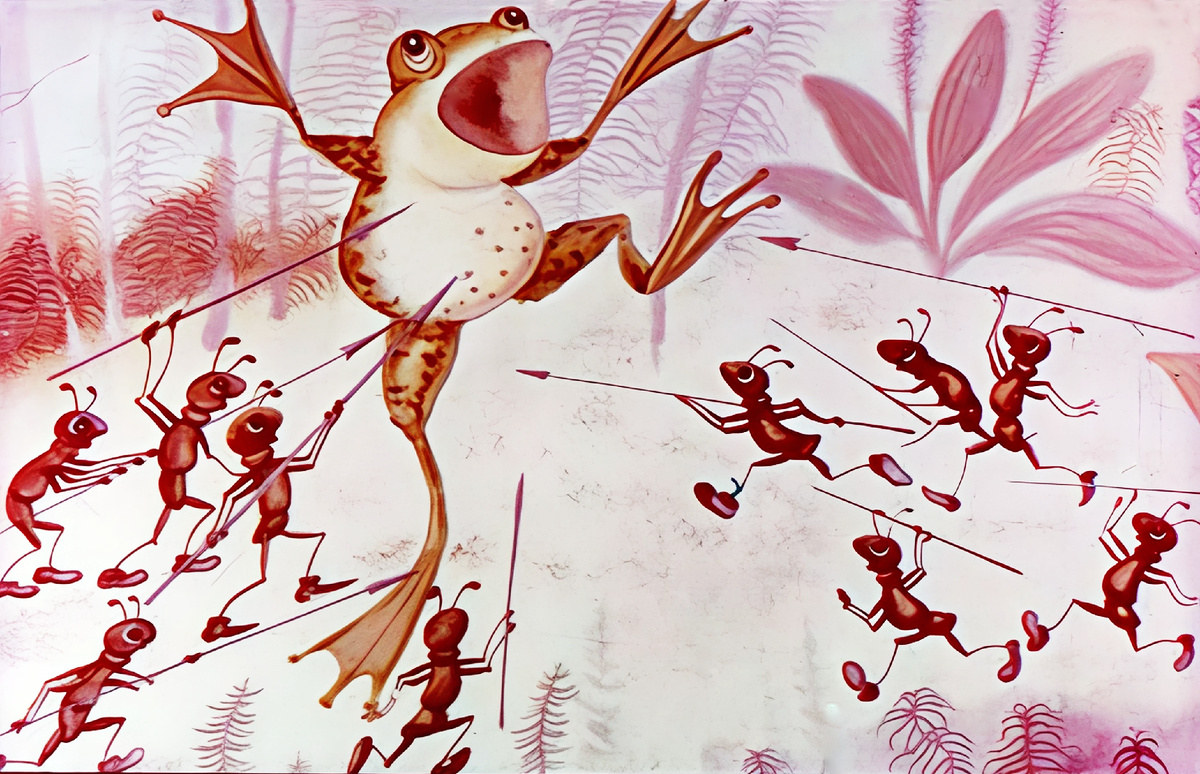 Иллюстрация: Н. Сурвилло — художник-иллюстратор ойротской сказки «Отчего у муравьёв тонкое брюшко?», изданной студией «Диафильм» в 1971 году.