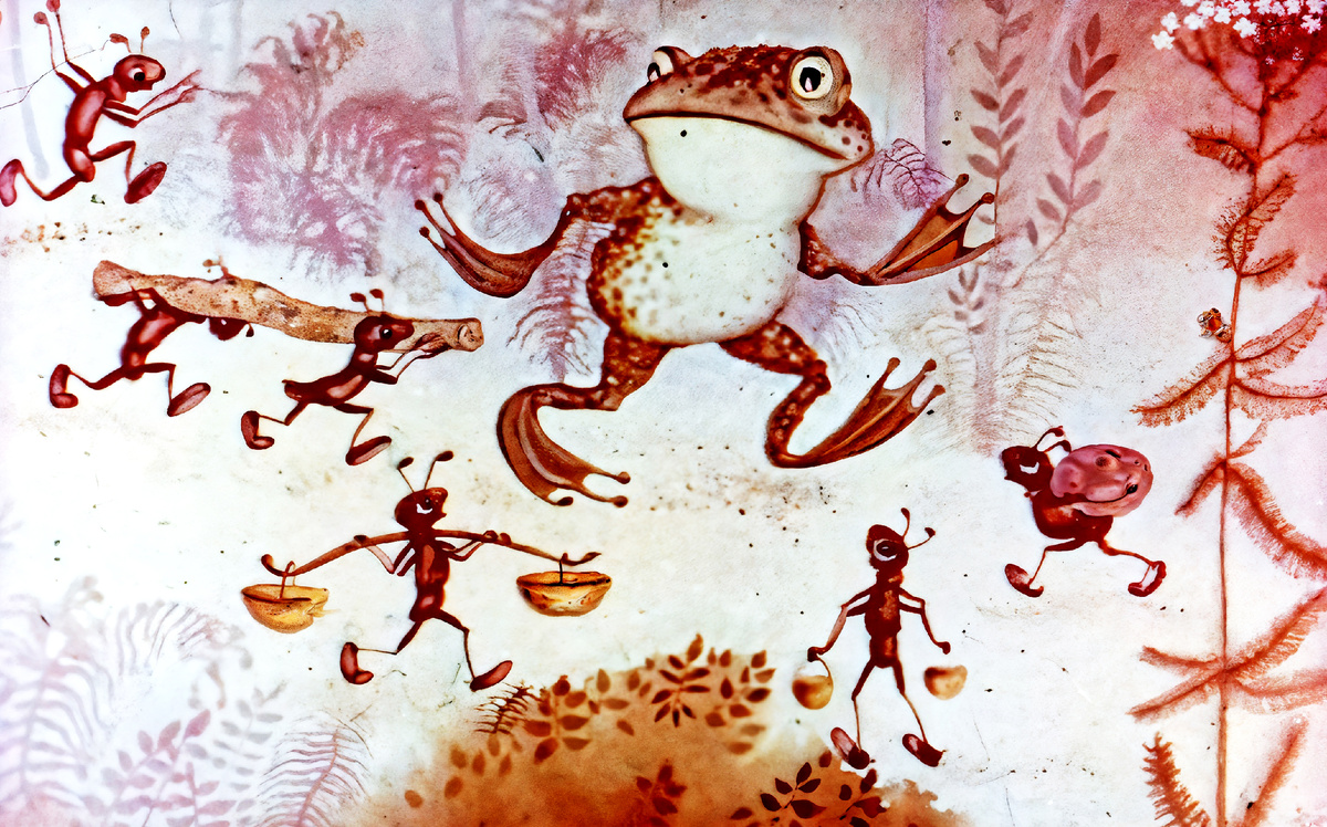 Иллюстрациия: Н. Сурвилло — художник-иллюстратор ойротской сказки «Отчего у муравьёв тонкое брюшко?», изданной студией «Диафильм» в 1971 году.