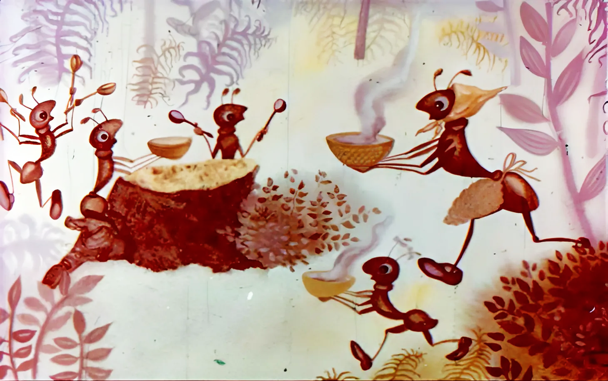 Иллюстрация: Н. Сурвилло — художник-иллюстратор ойротской сказки «Отчего у муравьёв тонкое брюшко?», изданной студией «Диафильм» в 1971 году.