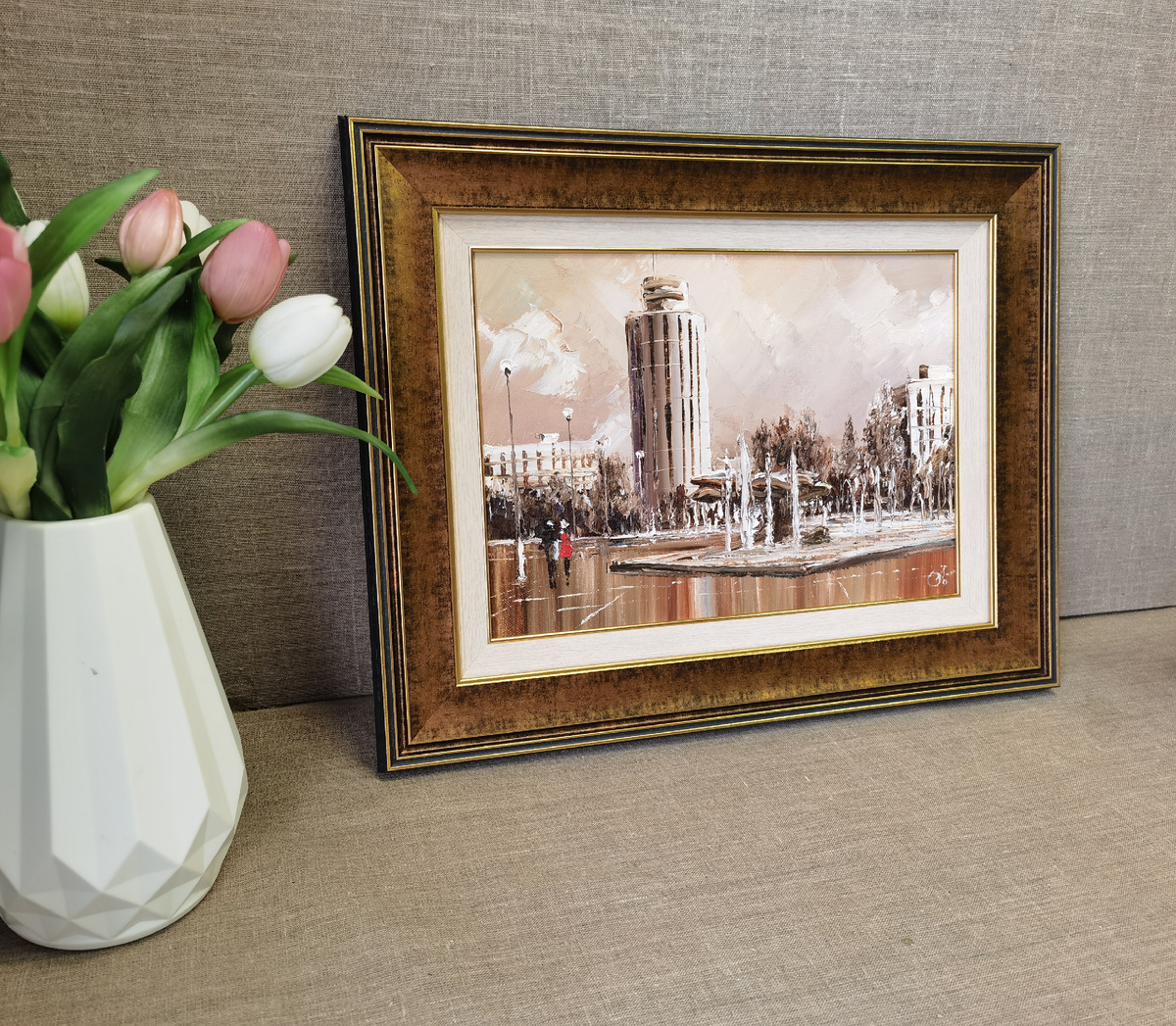 Оформление картины "Прогулка" художника Остапенко Остапа в раму от багетной мастерской Галерея РА