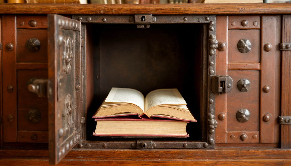 Картинка - результат генерации "Шедеврума" по запросу "Книга в железном сейфе"