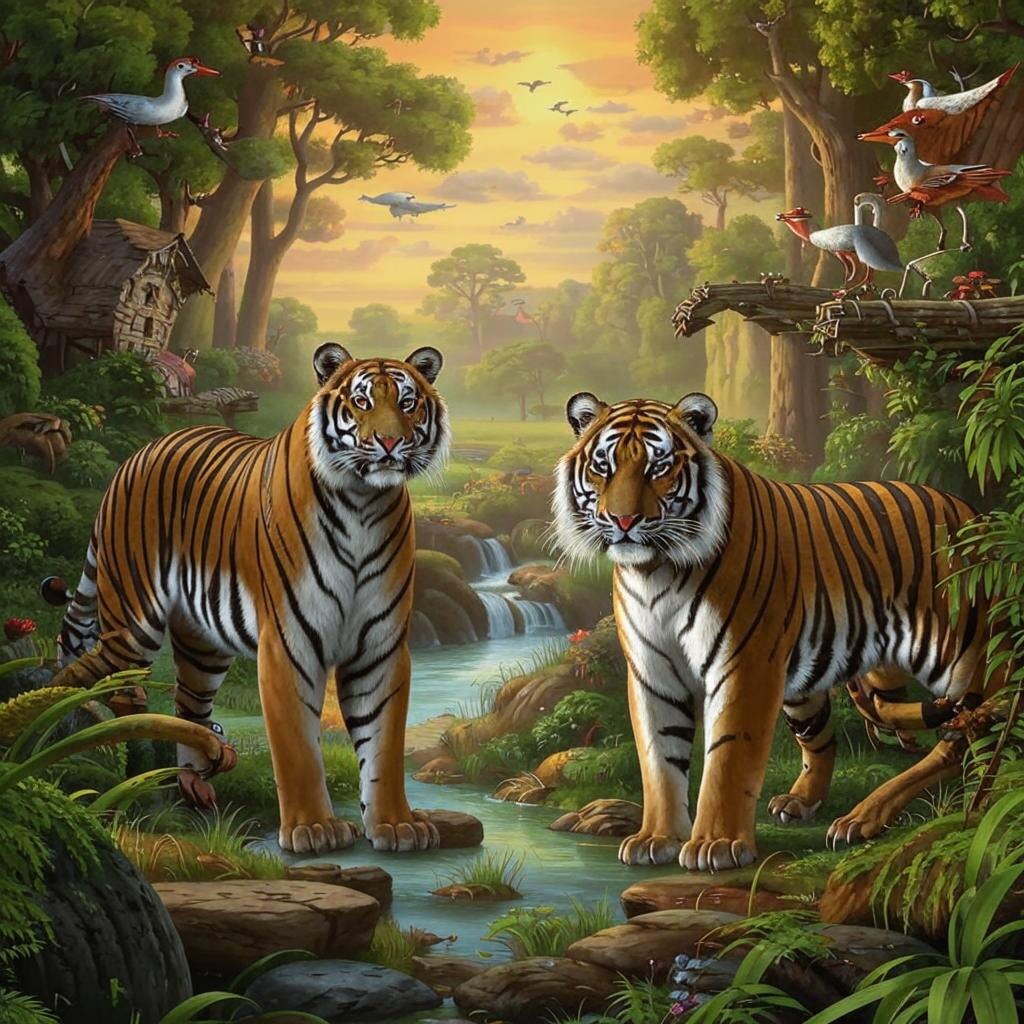 Тигры и журавли в естественной среде.