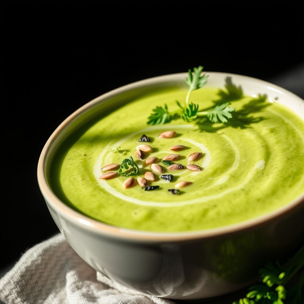 Кремовый суп-пюре из брокколи с зеленью и семенами