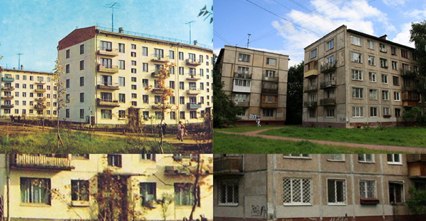 Пятиэтажки в СССР и пятиэтажки в РФ. Обратите внимание на решётки. На советских окнах решёток нет