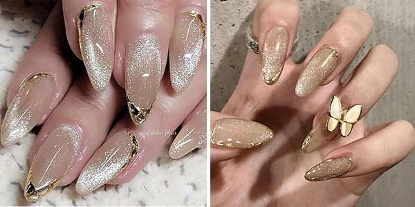 Модный маникюр "кошачий глаз" с золотом