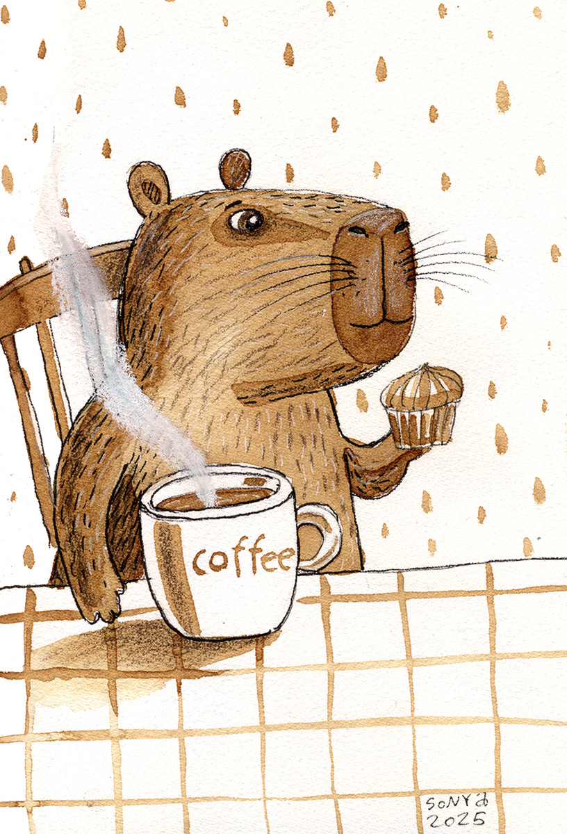 Капибара, бумага, кофе, линер, карандаш