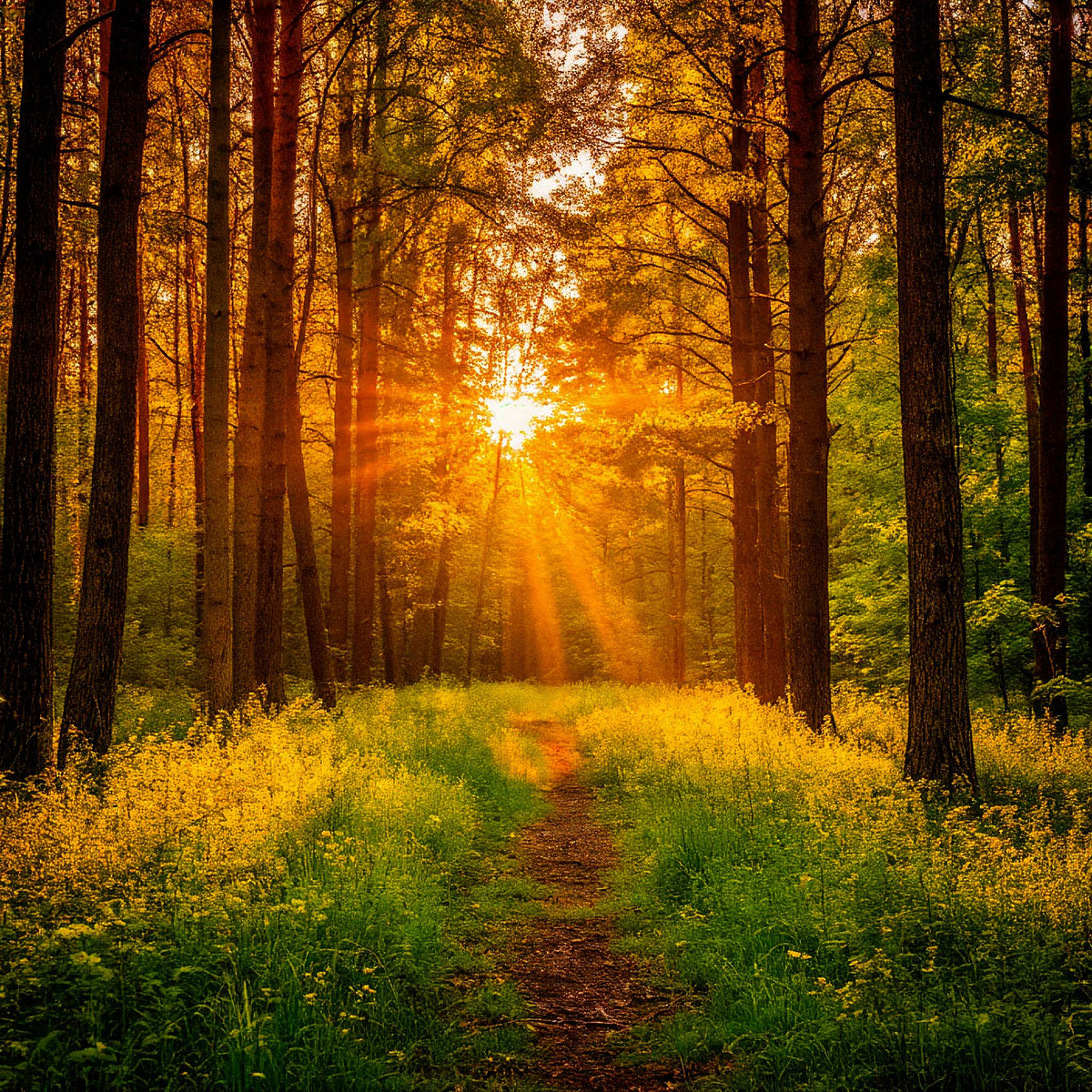 Лес в золотом солнечном свете