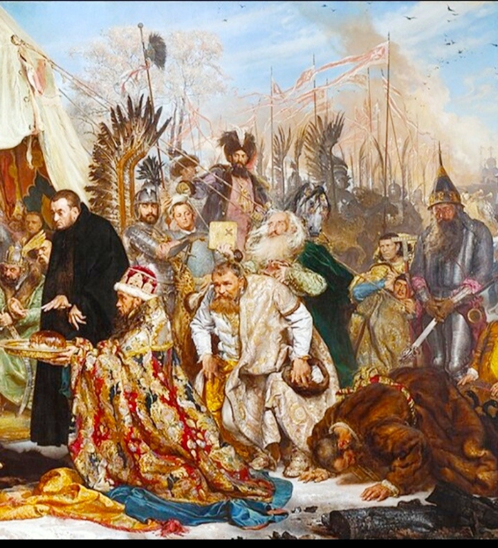 Центральной фигурой картины является человек в черном - тот самый папский посланник Антонио Поссевино. И вроде бы он действительно выдерживает нейтралитет. Одна рука направлена к Стефану Баторию, а другой он как бы прикрывает русских