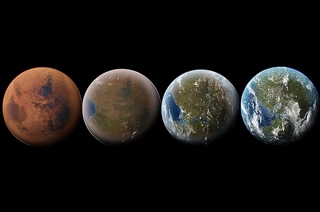 Художественная визуализация потенциальных этапов терраформирования Марса. Источник: phys.org