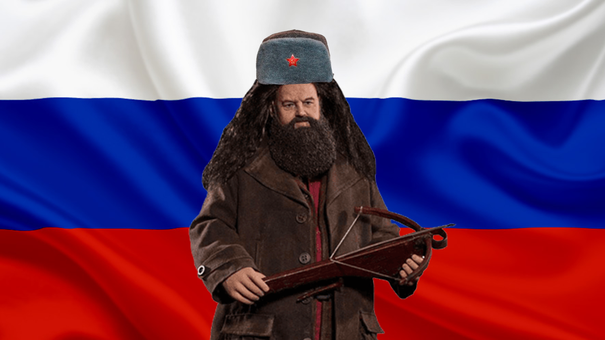Хагрид в шапке ушанке на фоне флага