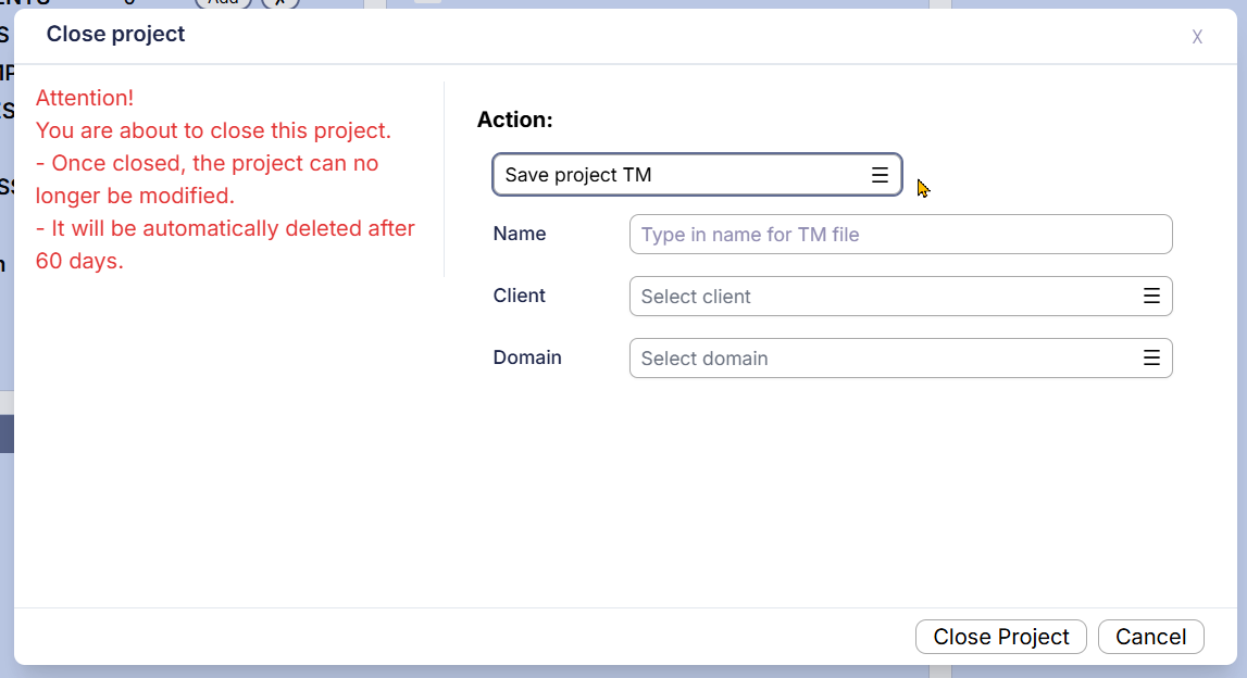 Диалоговое окно управления проектной ТМ