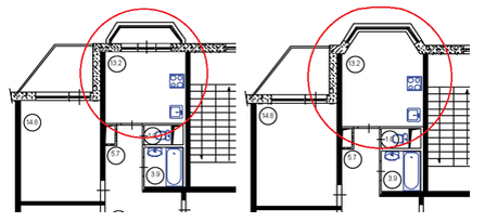Слева фрагмент поэтажного плана с открытым балконом на 17 этаже. Справа фрагмент поэтажного типового плана нижерасположенных квартир с эркером