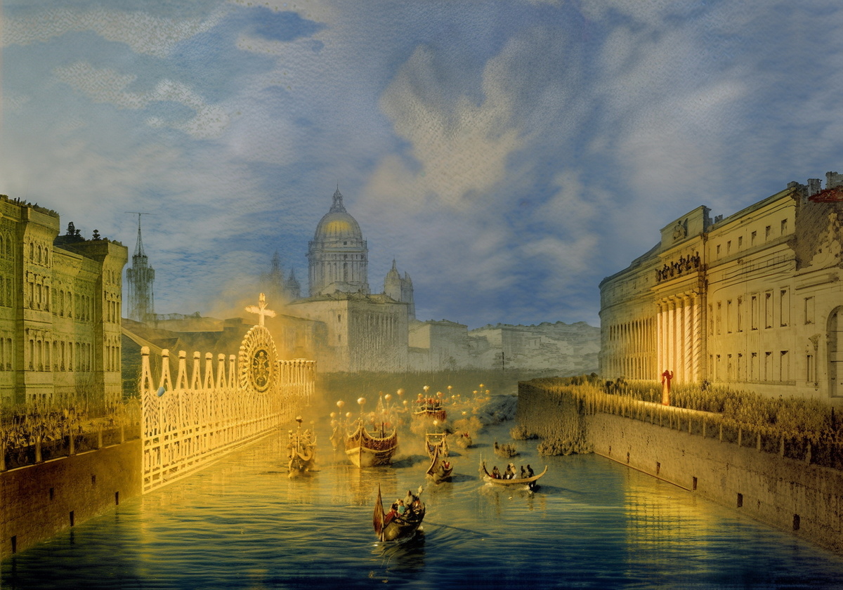 Иллюминация на набережной Мойки в Санкт-Петербурге. Рисунок В.С.Садовникова. 1856 г. Для примера на второй фотографии оригинал этого рисунка с которым работали нейронки, для наглядного сравнения!