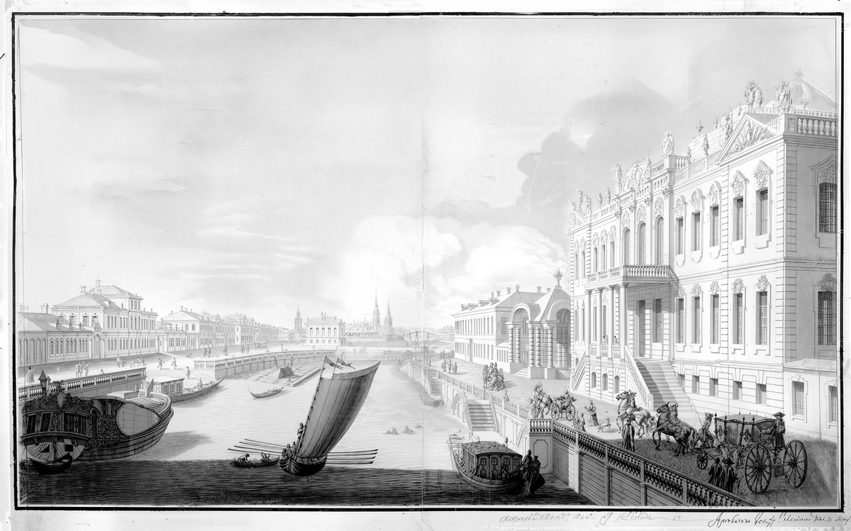 Проспект вверх по Мойке от двора Его Сиятельства, графа Петра Ивановича Шувалова. Гравюра петровского периода. Махаев М. И. 1757-1759.  Рядом с дворцом Шувалова на картине заметно двухэтажное строение будущего Юсуповского дворца.