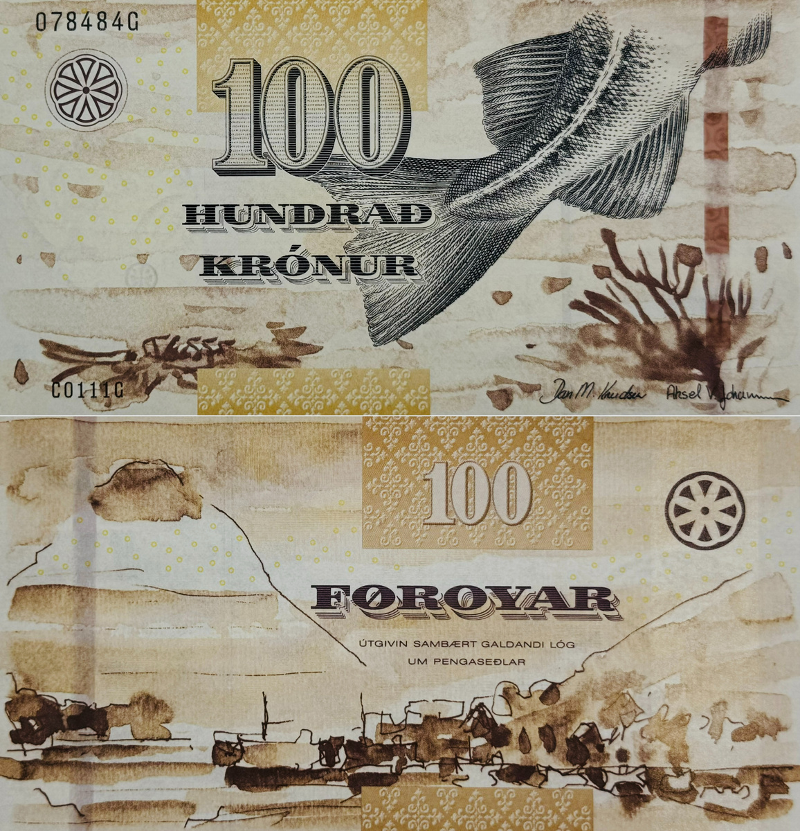 100 фарерских крон (хвост трески и вид на Клаксвуйк – второй по величине город и гавань Фарерских островов)