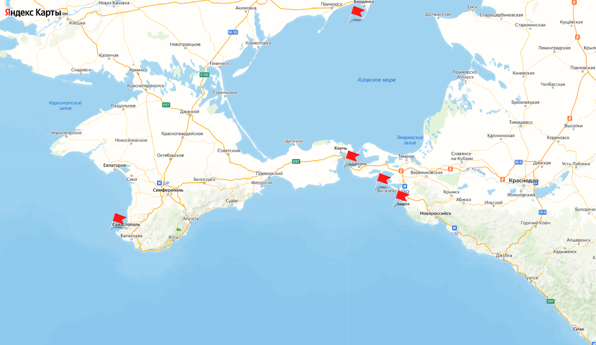 Флажками обозначены нефтяные пятна, замеченные у черноморского побережья за весь период наблюдения.