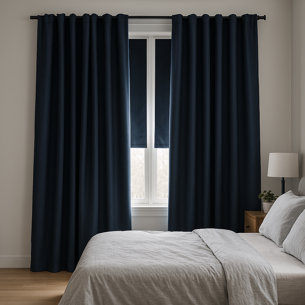 Шторы 100% блэкаут с римскими шторами вторым рядом 