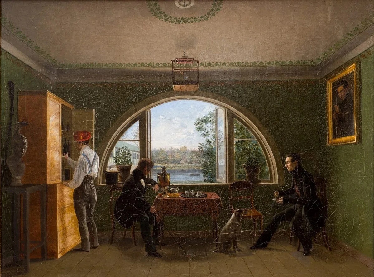 Иван Абрамович Клюквин, «У товарища за самоваром (в Петергофе)», 1837 год. Из собрания тверской областной картинной галереи