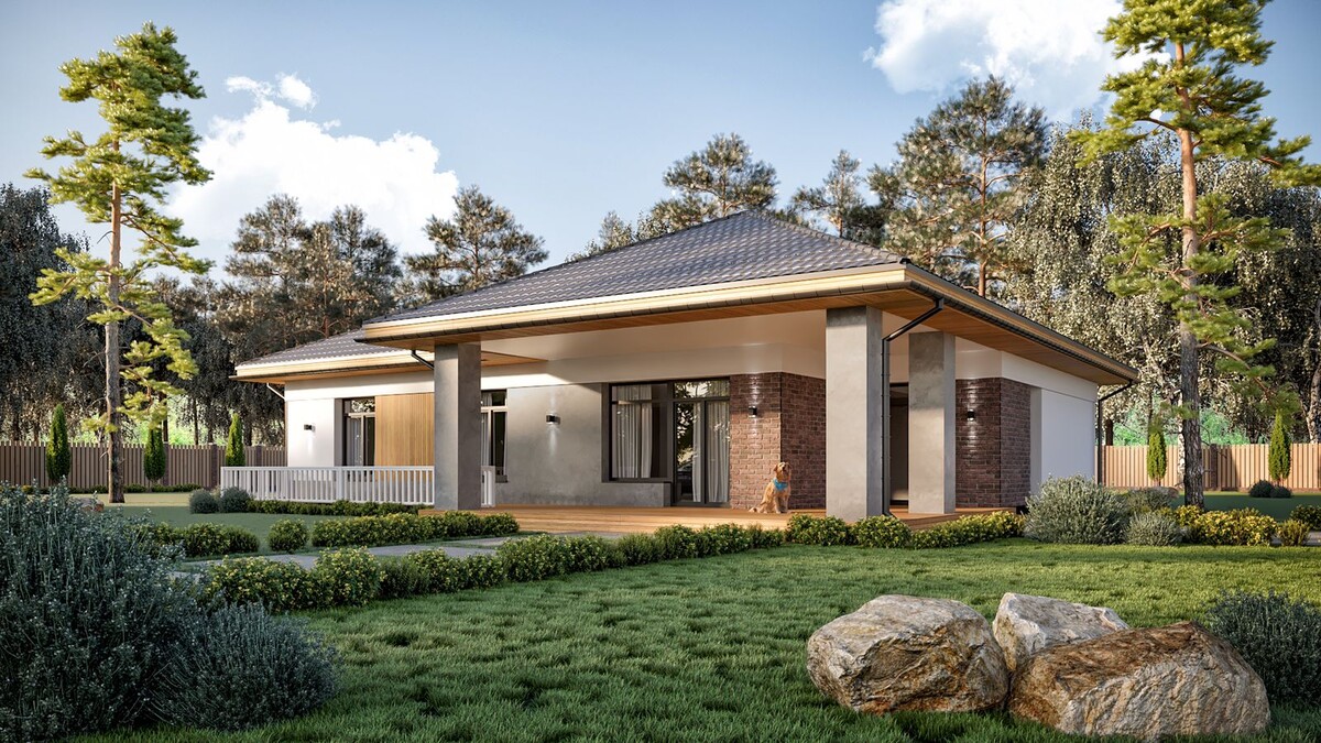 Одноэтажный просторный коттедж с уютной террасой, тремя спальнями, кабинетом общей площадью 170 кв.м