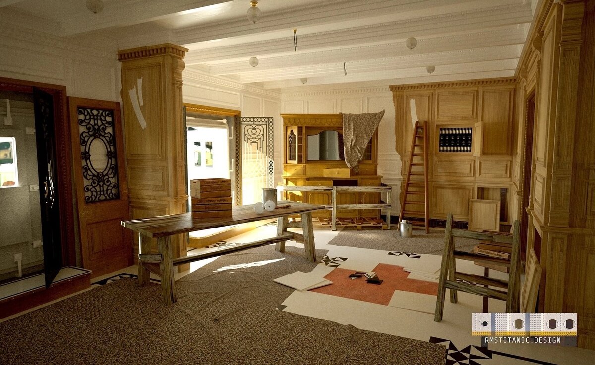 Рендер фойе на палубе «D» на стадии завершения отделочных работ.