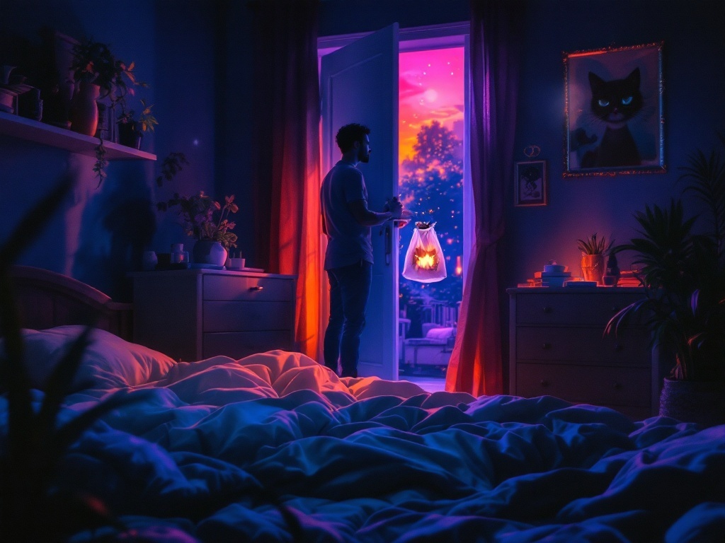    К чему такое снится: На картине изображен мужчина ночью в комнате женщины. Он стоит у двери с открытой сумкой, из которой доносится мяуканье. В комнате слабо освещено, видно только силуэ