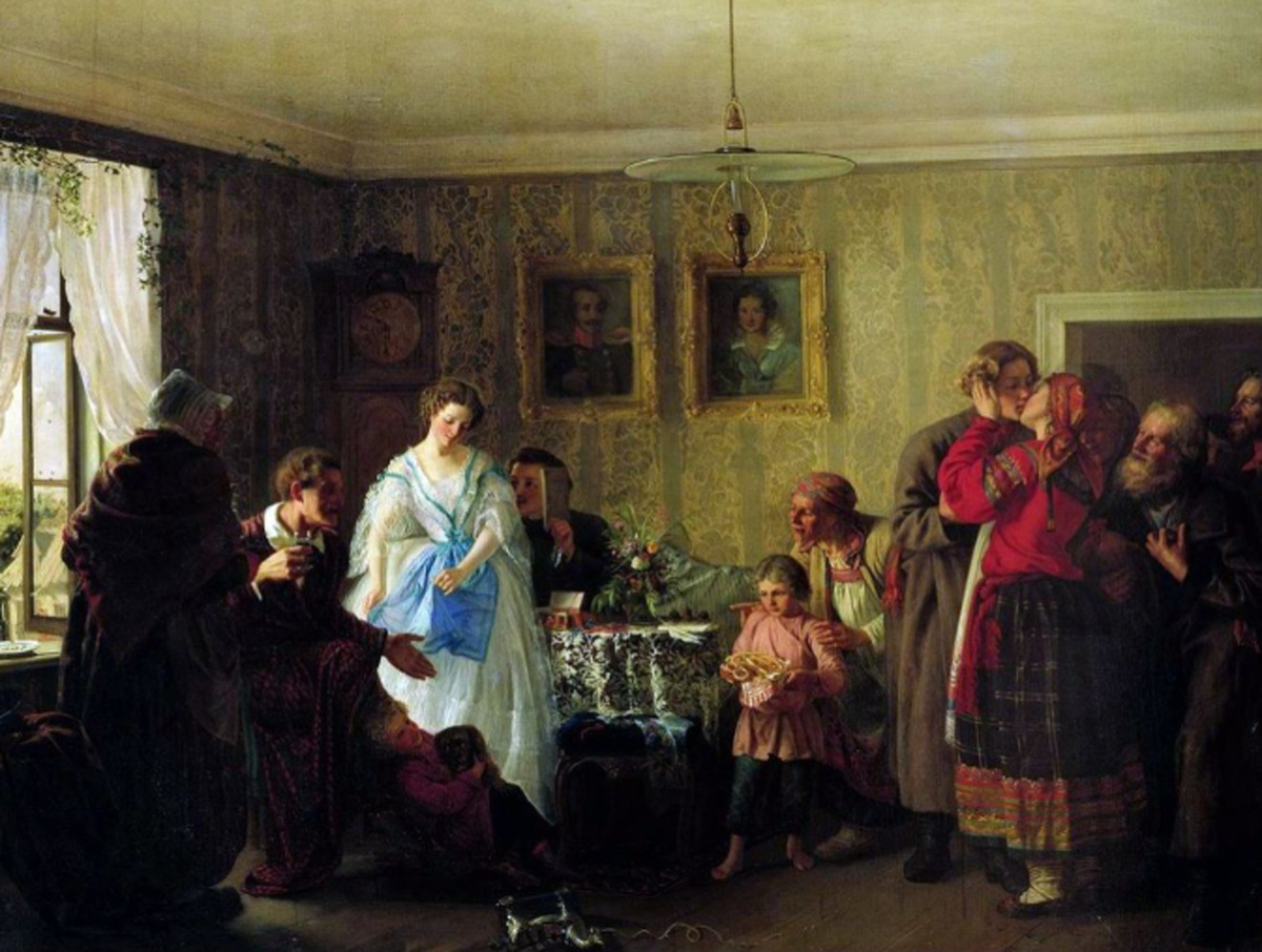 Григорий Мясоедов, "Поздравление молодых в доме помещика", 1861, Государственный Русский музей, Санкт-Петербург
