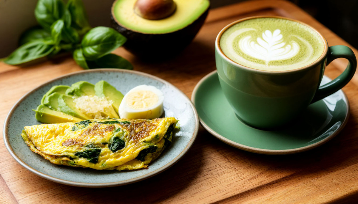 Завтрак из омлета со шпинатом, авокадо и матча-чаем - настоящий подарок для ментального здоровья. Белок из яиц поддерживает стабильный уровень сахара в крови, что помогает избежать перепадов настроения и чувства усталости. Шпинат богат фолиевой кислотой и магнием - нутриентами, которые способствуют выработке дофамина и снижают уровень тревожности. Авокадо содержит полезные жиры, питающие мозг и улучшающие когнитивные функции. А матча-чай благодаря L-теанину и умеренному количеству кофеина мягко стимулирует, повышает концентрацию и способствует спокойной, сфокусированной активности. Такой завтрак помогает начать день в ясном, уравновешенном и бодром состоянии.