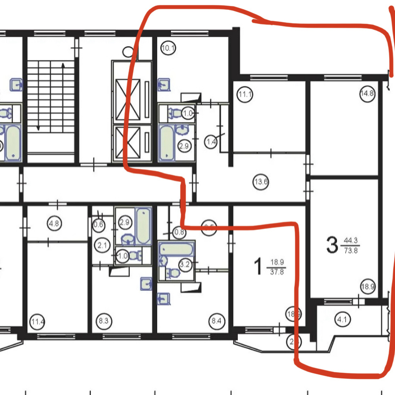 Планировка «трешки» в доме серии П-44