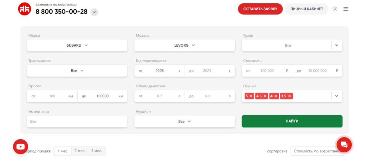 Выбор авто на сайте "Япония Транзит" на примере недавней покупки клиента Subaru Levorg. Источник: скриншот с официального сайта "Япония Транзит"