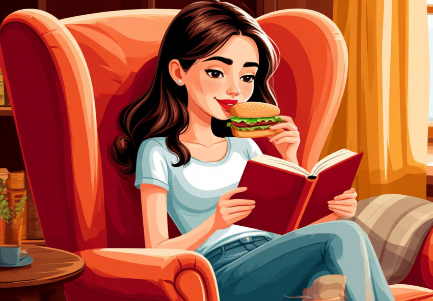 А вот привычка есть и читать также способствует перееданию. Создано при помощи шедеврум 