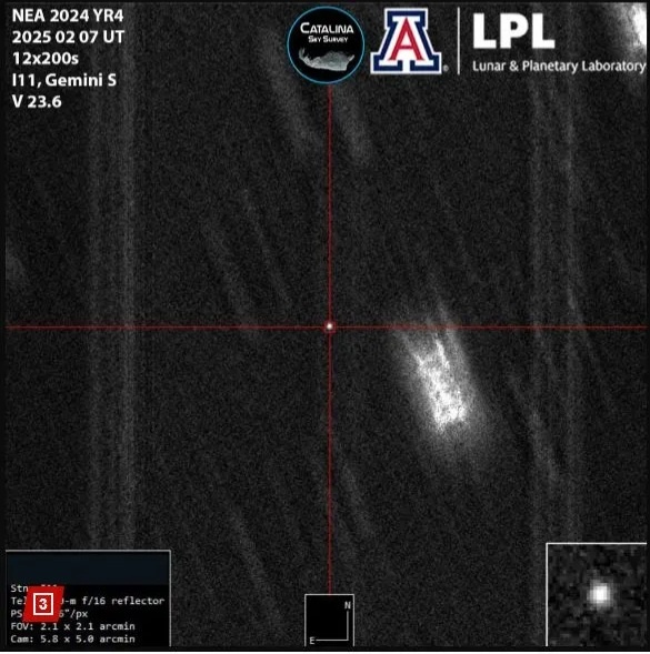 Фотография YR4, летящего в космосе. Источник: Catalina Sky Survey/ LPL/ доктор Вержчос/ Брайс Болин.