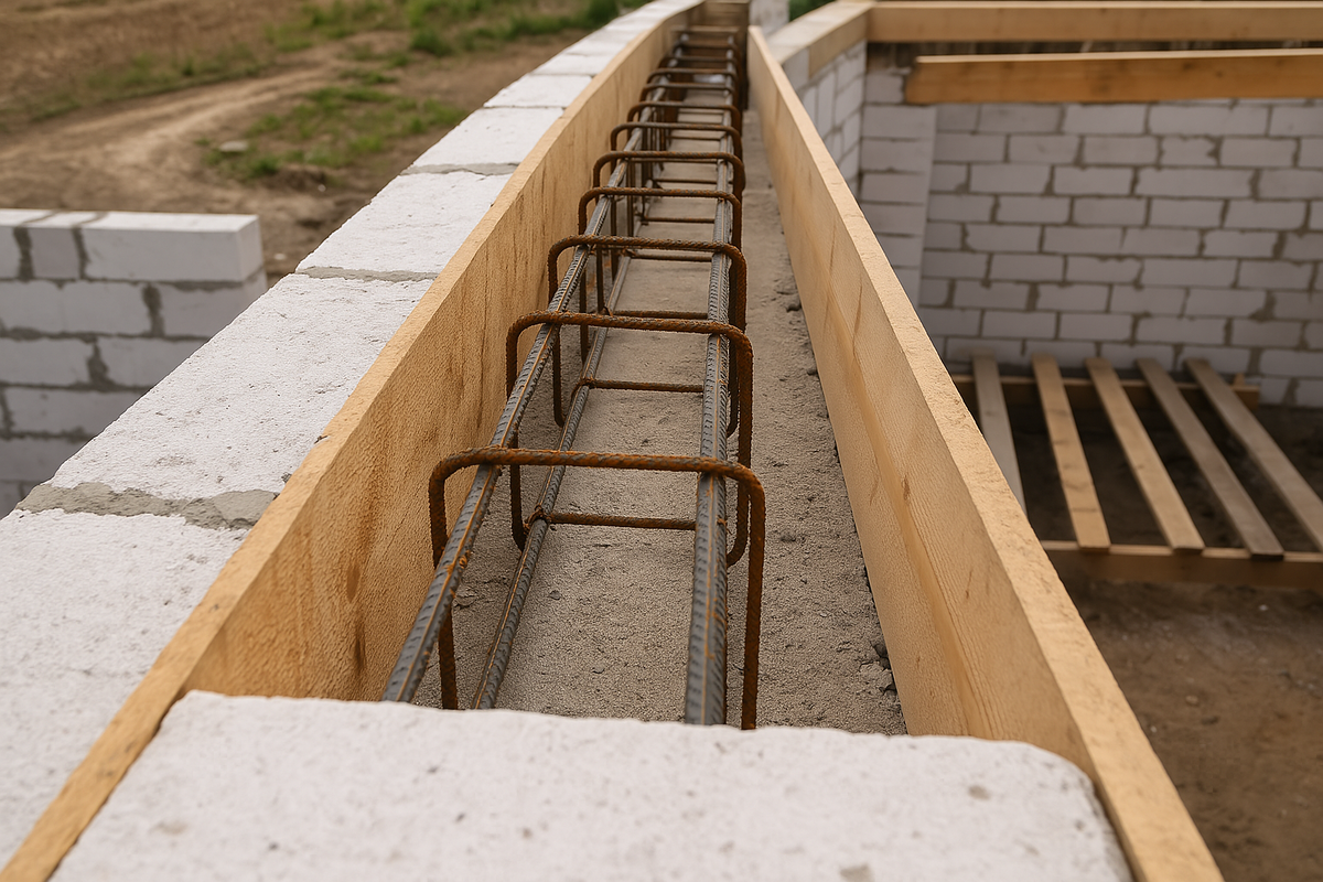 Армопояс по верхнему ряду блоков перед заливкой бетона