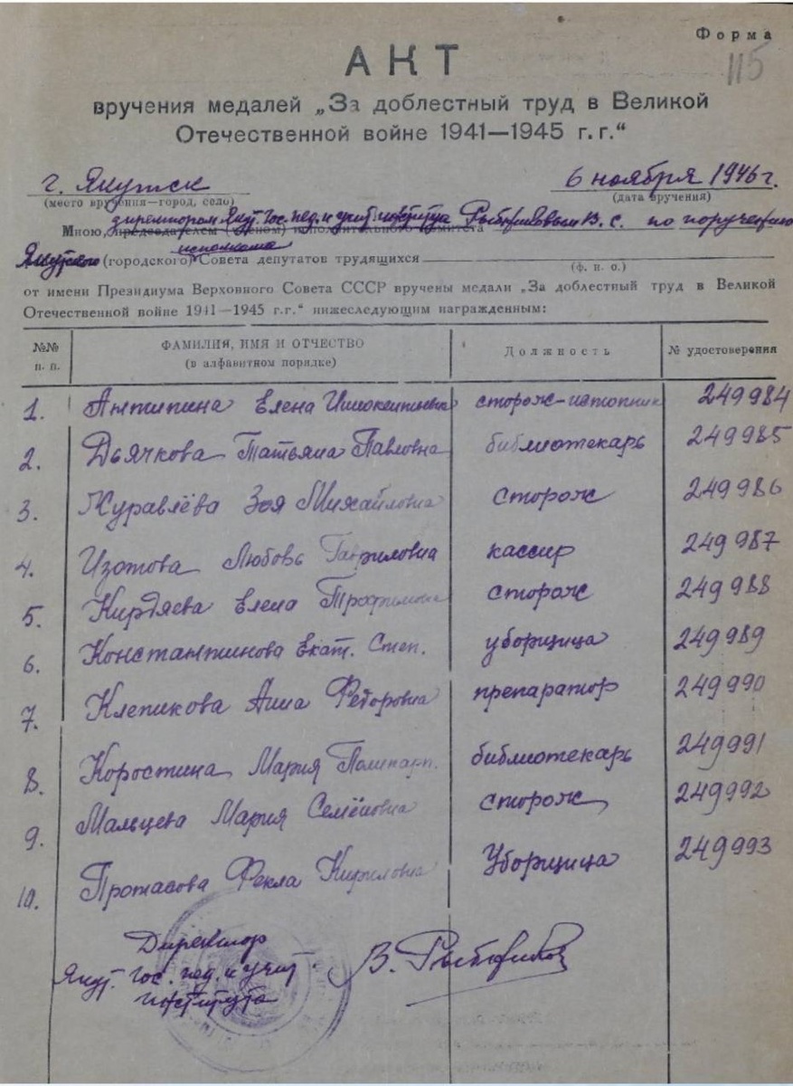 Акт вручения медалей, 1946 год