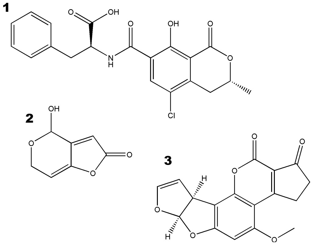 1 — охратоксин А, 2 — патулин, 3 — афлатоксин В1