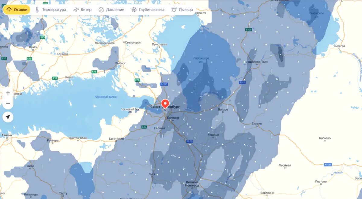    Карта осадков на момент 13:15. Фото: скриншот с сервиса «Яндекс.Погода».