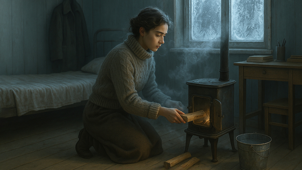 Светлана Михайловна топит печку