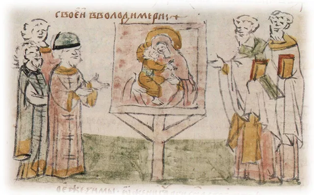 © commons.wikimedia.org
Поставление Андреем Боголюбским иконы Богоматери во Владимирской Богородцкой церкви. Миниатюра Радзивилловской летописи, конец XV века