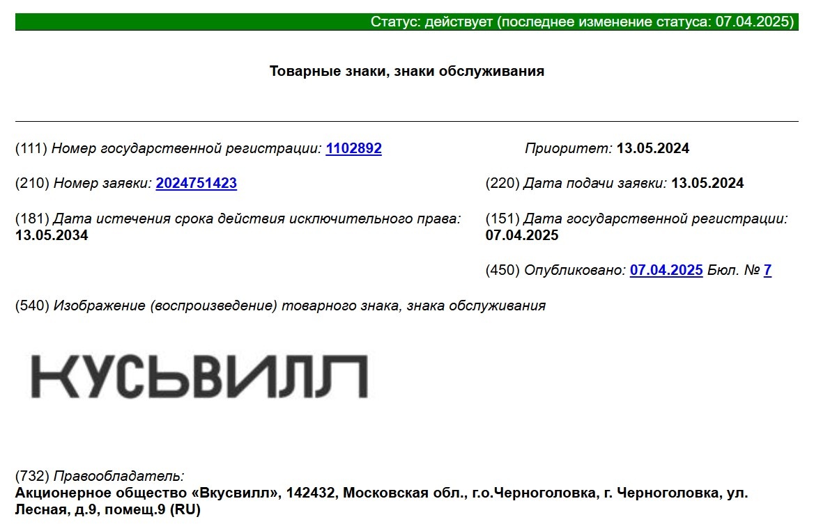 Товарный знак РФ № 1102892