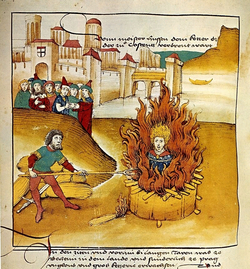 Казнь Яна Гуса (Шпицер Шиллинг, 1485). Старинный рисунок. Источник: https://ru.wikipedia.org/wiki/O_sancta_simplicitas#/media/%D0%A4%D0%B0%D0%B9%D0%BB:Spiezer_Chronik_Jan_Hus_1485.jpg
