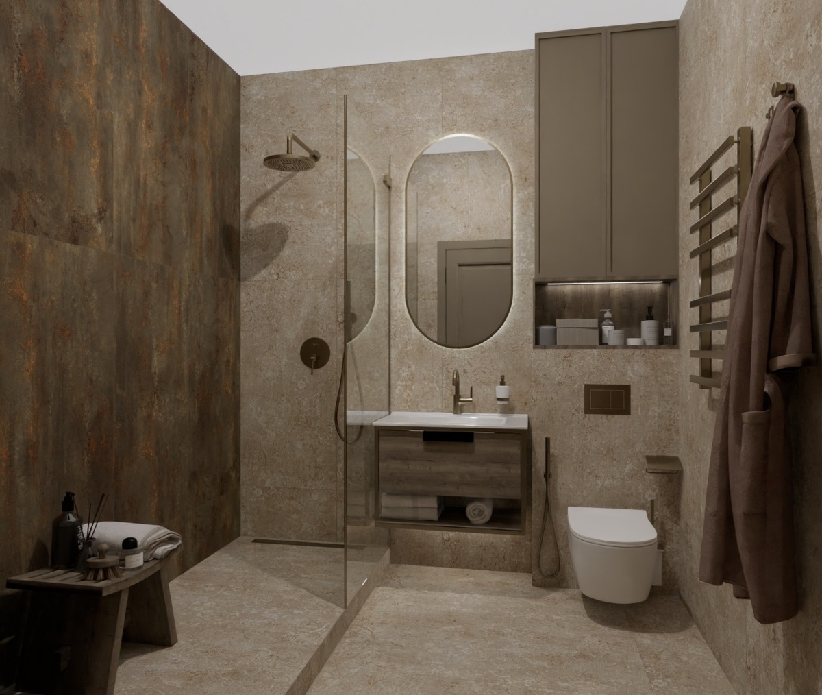 Санузел в бежевых оттенках с зоной душа и бронзовой сантехникой