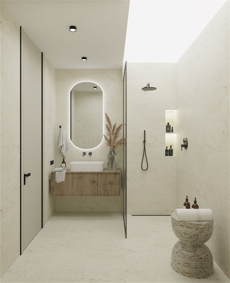 Санузел с керамогранитом под травертин и душевой со скрытой сантехникой