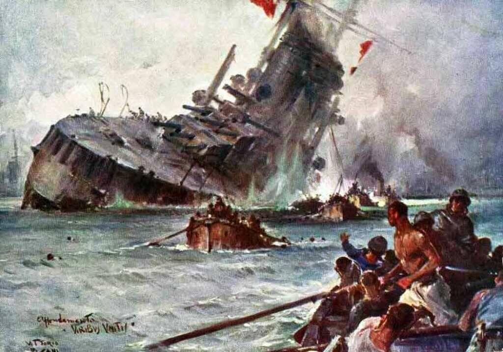 Картина "Потопление австрийского линкора Viribus Unitis в военной гавани Пола в последние дни войны"