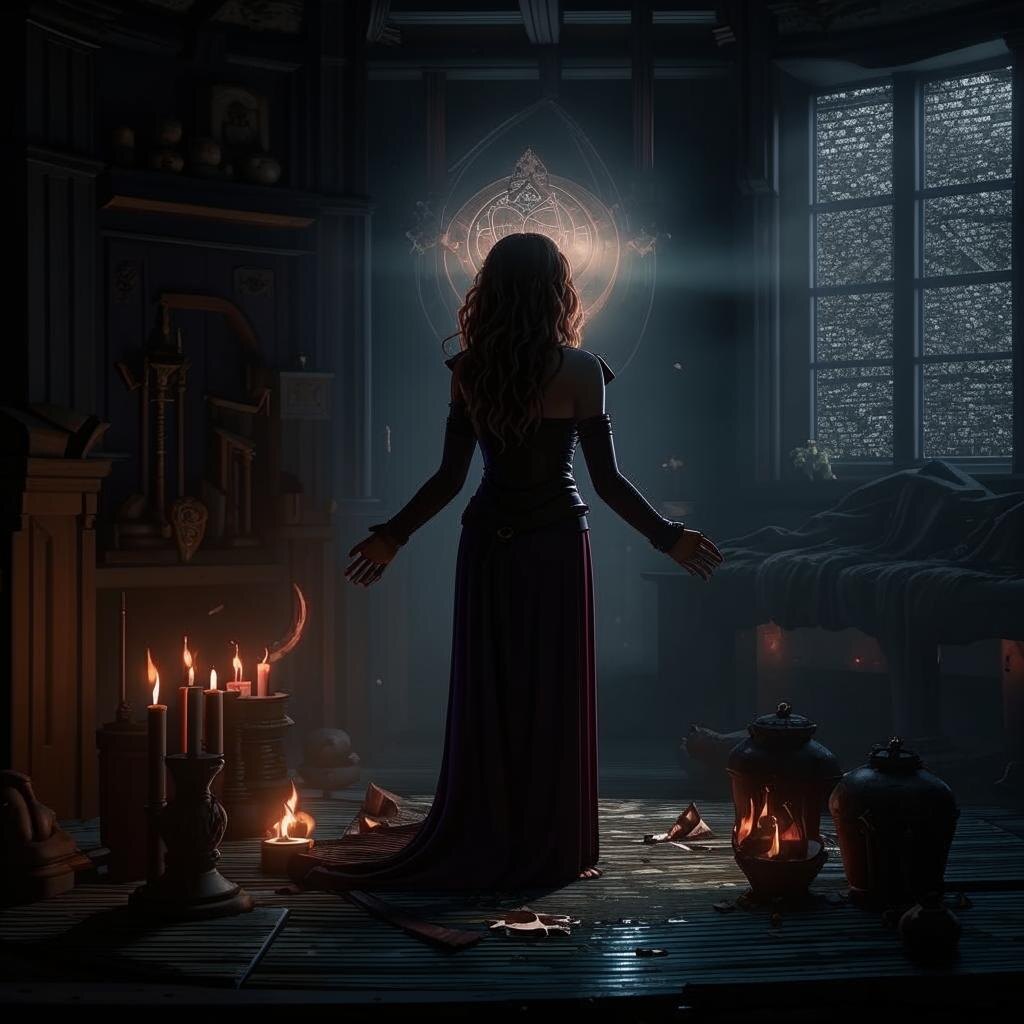 Ритуал был простым, но требовал полной отдачи. Вера нарисовала на полу своей спальни знаки, зажгла свечи и начала читать заклинания — древние слова, которые открывали дверь между мирами. С каждым словом воздух вокруг становился тяжелее, а пламя свечей вытягивалось вверх неестественным образом. -"Ты не можешь служить двум господам, ведьма. Выбирай. Сила и одиночество — или любовь и беспомощность".