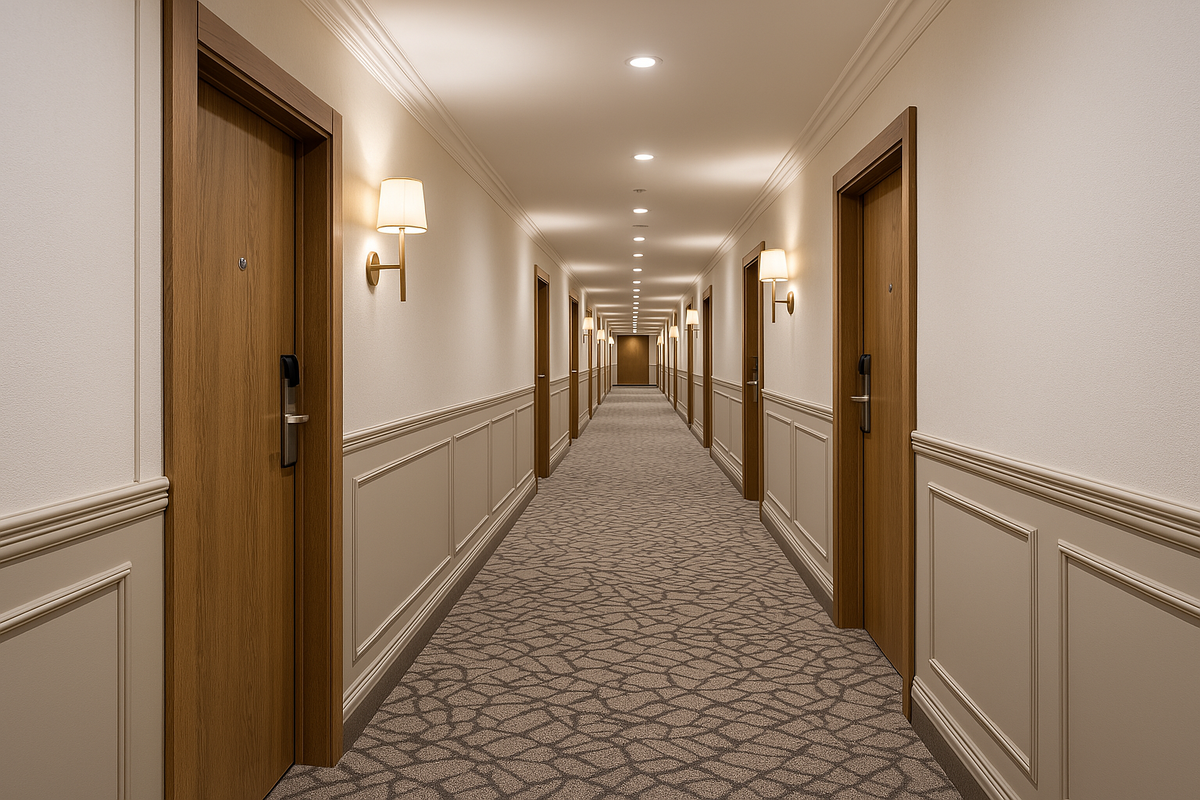 Гость начинает знакомство с отелем с коридора. Качество покрытия здесь — не просто деталь, а часть первого впечатления.