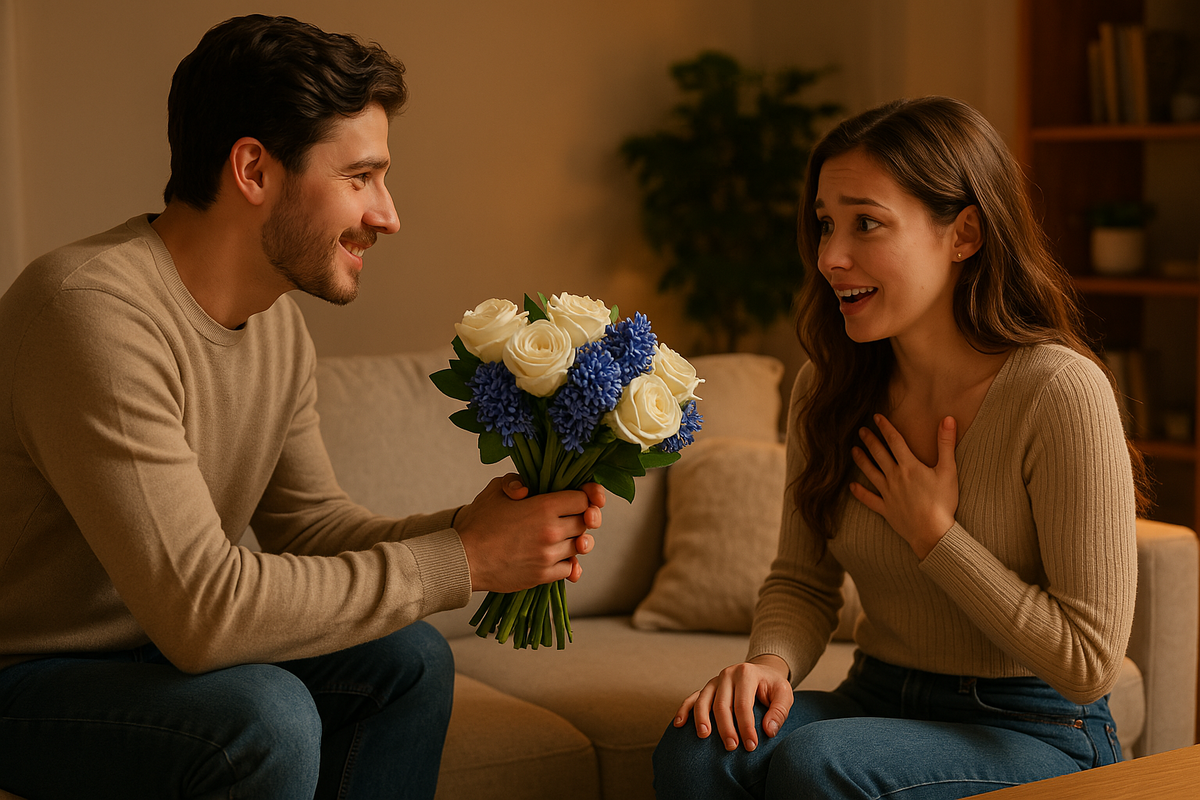 : Эмоциональная сцена примирения с букетом