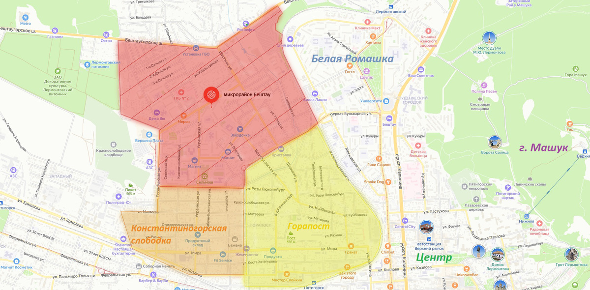 Расположение района на карте города Пятигорска